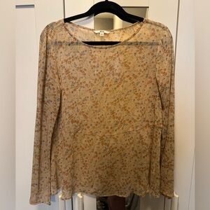 Uniqlo sheer floral top with flared sleeves, pink, size medium